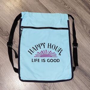 Tiffany Blue HAPPY HOUR LIFE IS GOOD Drawstring Flat Backpack